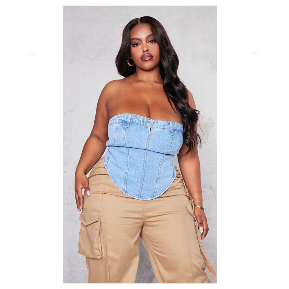 PrettyLittleThing Plus Blue Wash Jean Waistband Denim Corset Top Size 24 US - Picture 1 of 8